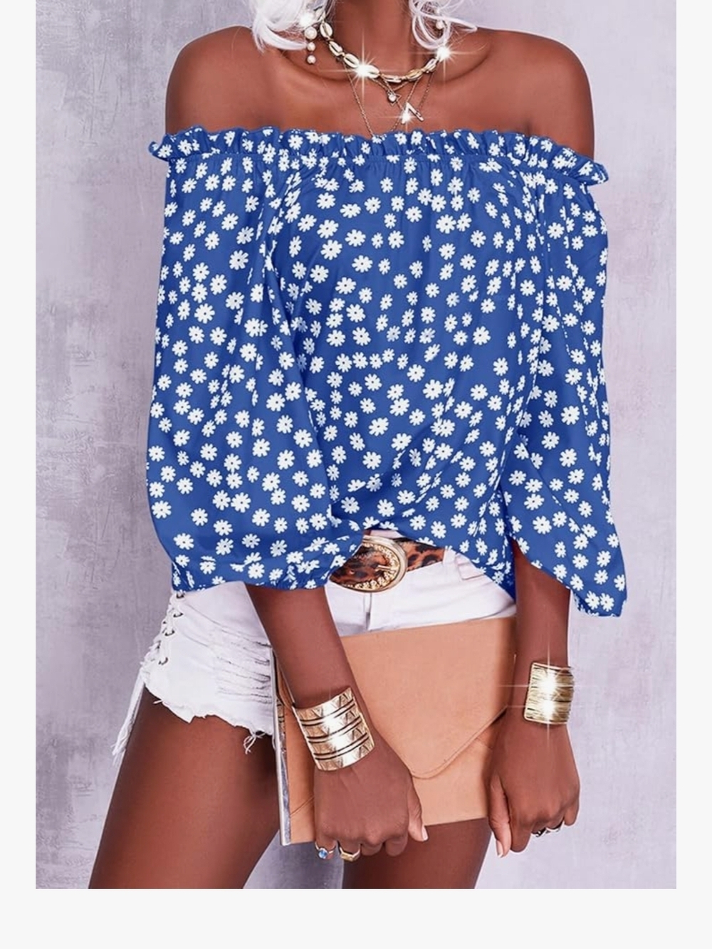 Off-Shoulder Blue Daisy Print Women’s Top